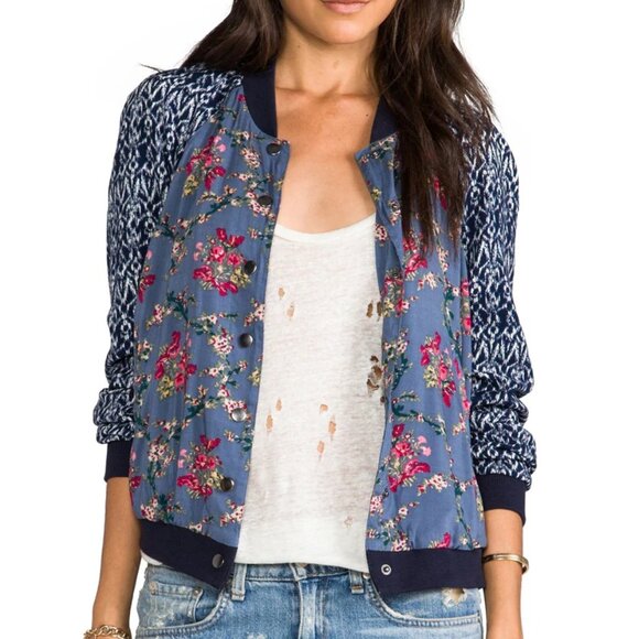 Free People Floral Printed Baseball Jacket in Indigo Blue - Picture 8 of 11